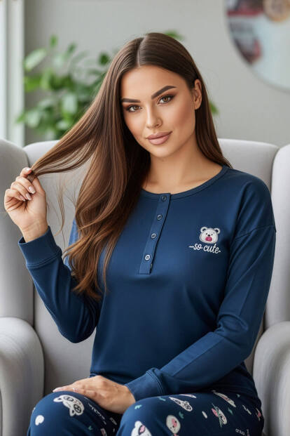 Lacivert Cute Desenli Uzun Kollu Bambu Örme Kadın Pijama Takımı - 3