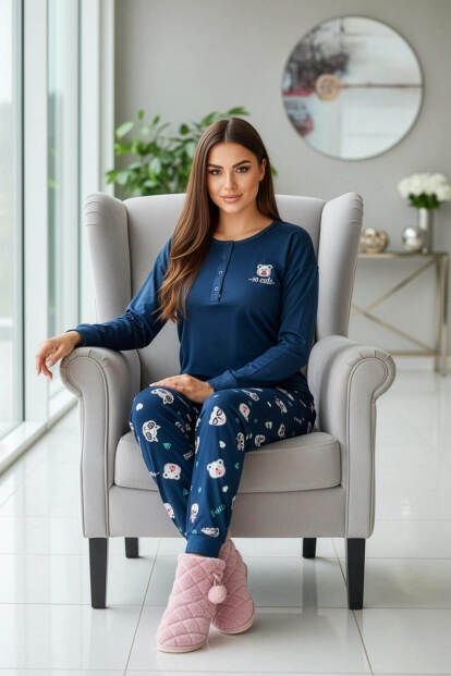 Lacivert Cute Desenli Uzun Kollu Bambu Örme Kadın Pijama Takımı - 4