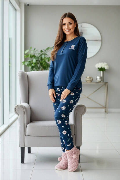 Lacivert Cute Desenli Uzun Kollu Bambu Örme Kadın Pijama Takımı - 5
