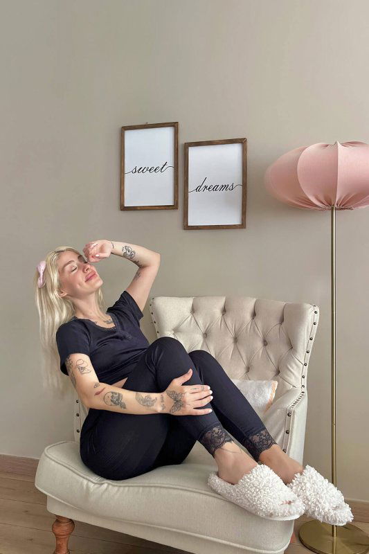 Lacivert Dantel Detaylı V Yaka Örme Crop Pijama Takımı - Pijamaevi (2)