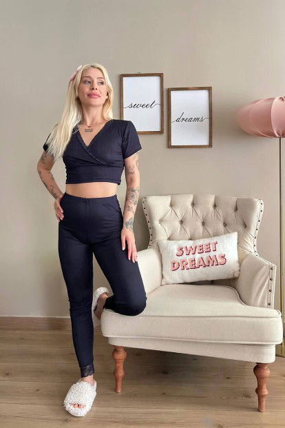 Lacivert Dantel Detaylı V Yaka Örme Crop Pijama Takımı - 4