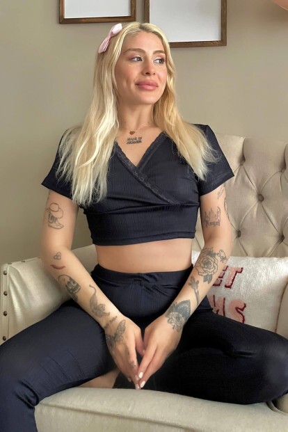 Lacivert Dantel Detaylı V Yaka Örme Crop Pijama Takımı - 6