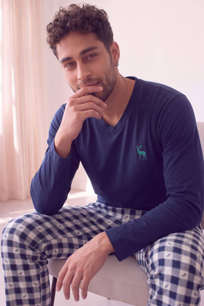 Lacivert Deer Desenli Coton Refined Erkek Pijama Takımı 