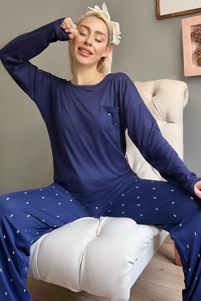 Lacivert Double Desenli Bambu Uzun Kol Kadın Pijama Takımı - 1