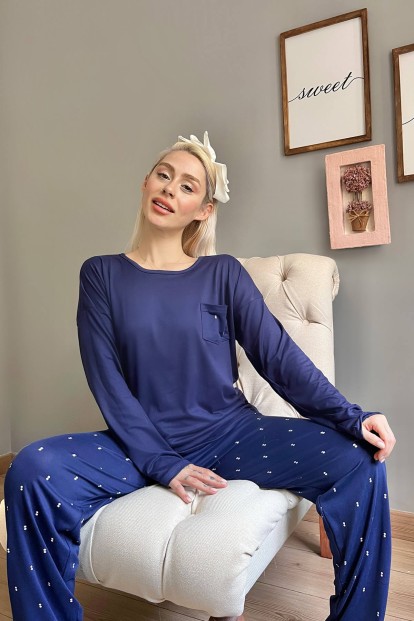 Lacivert Double Desenli Bambu Uzun Kol Kadın Pijama Takımı - 2