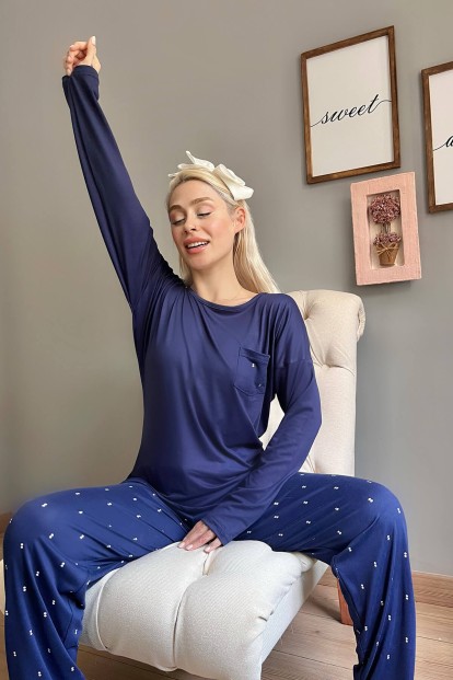 Lacivert Double Desenli Bambu Uzun Kol Kadın Pijama Takımı - 3