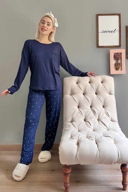 Lacivert Double Desenli Bambu Uzun Kol Kadın Pijama Takımı - 5