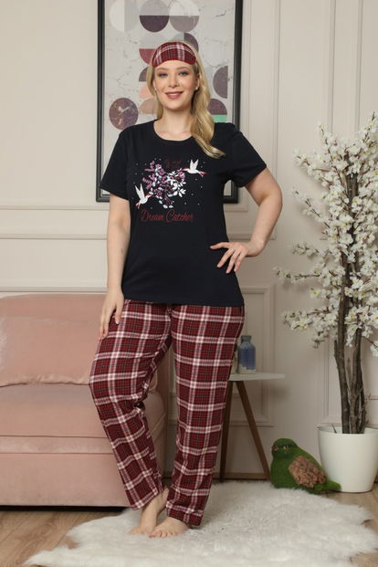 Lacivert Dream Catcher Desenli Kısa Kollu Büyük Beden Battal Pijama Takımı - 2