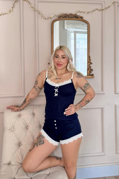 Lacivert Dublin Ip Askı Şortlu Kadın Pijama Takımı - 2