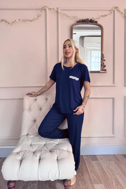 Lacivert Dublin Kısa Kollu Dantelli Kadın Pijama Takımı - 5