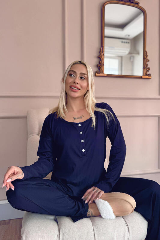 Lacivert Dublin Uzun Kollu Patlı Kadın Pijama Takımı - Pijamaevi (1)