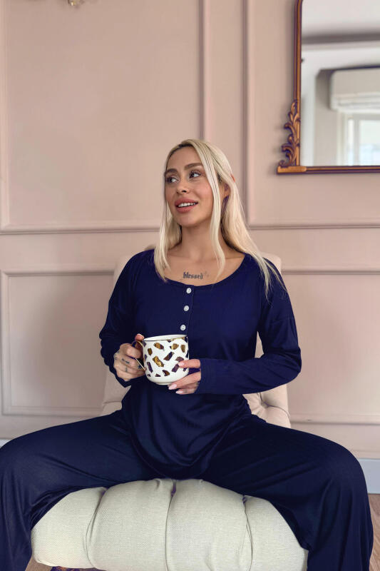 Lacivert Dublin Uzun Kollu Patlı Kadın Pijama Takımı - Pijamaevi (2)