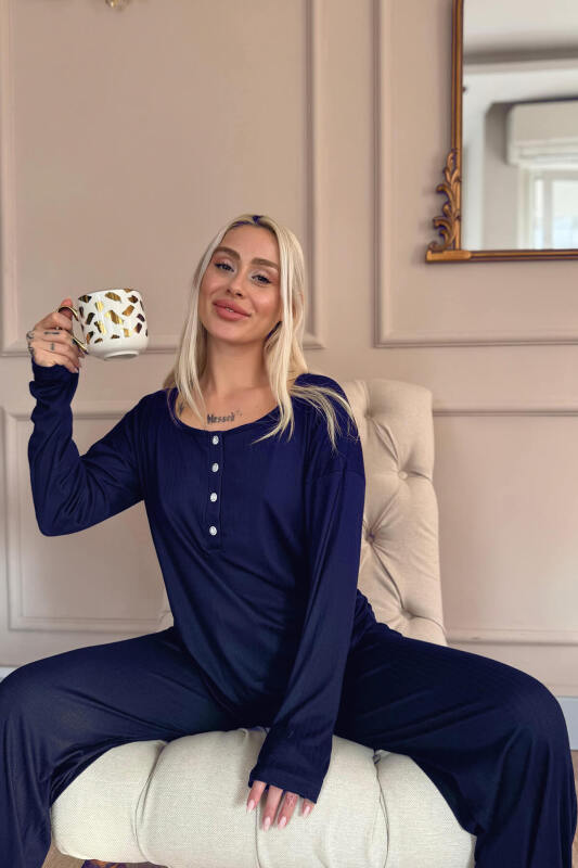 Lacivert Dublin Uzun Kollu Patlı Kadın Pijama Takımı - Pijamaevi (3)