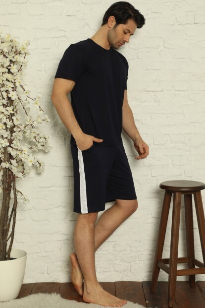 Lacivert Düz Basic Şortlu Kısa Kollu Erkek Pijama Takımı - 6