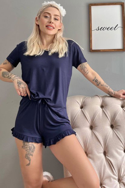 Lacivert Düz Baskısız Örme Kısa Kollu Şortlu Pijama Takımı - 1