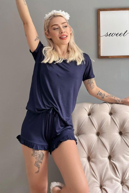 Lacivert Düz Baskısız Örme Kısa Kollu Şortlu Pijama Takımı - 2