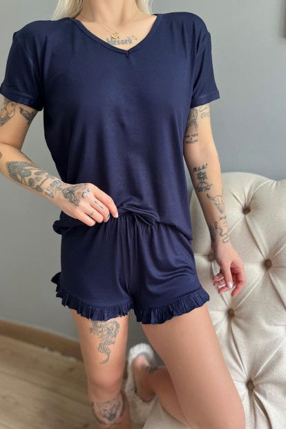 Lacivert Düz Baskısız Örme Kısa Kollu Şortlu Pijama Takımı - 4