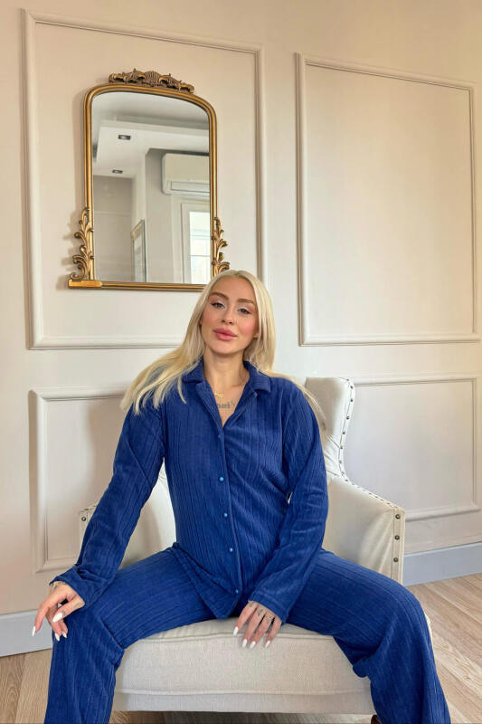 Lacivert Düz Önden Düğmeli Peluş Polar Pijama Takımı - Pijamaevi (2)