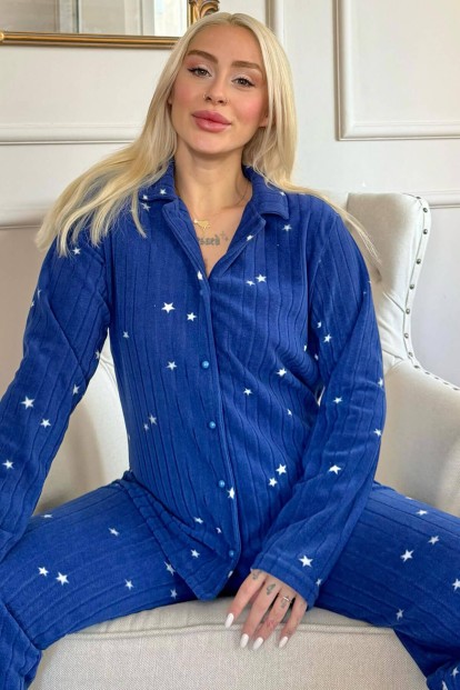 Lacivert Eclipse Desenli Önden Düğmeli Peluş Polar Pijama Takımı 