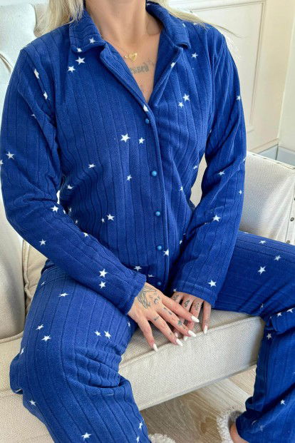 Lacivert Eclipse Desenli Önden Düğmeli Peluş Polar Pijama Takımı - 5