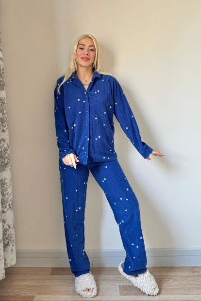 Lacivert Eclipse Desenli Önden Düğmeli Peluş Polar Pijama Takımı - 6