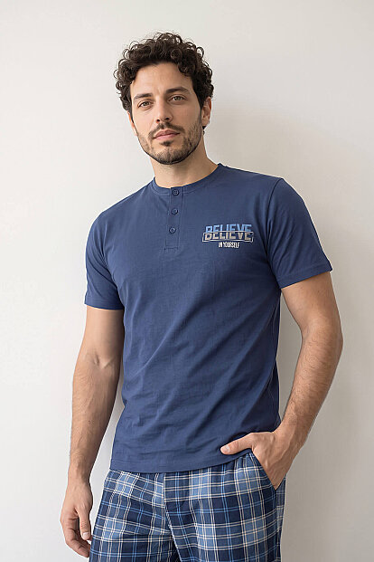 Lacivert Ekose Believe Desenli Kısa Kollu Erkek Pijama Takımı - 7