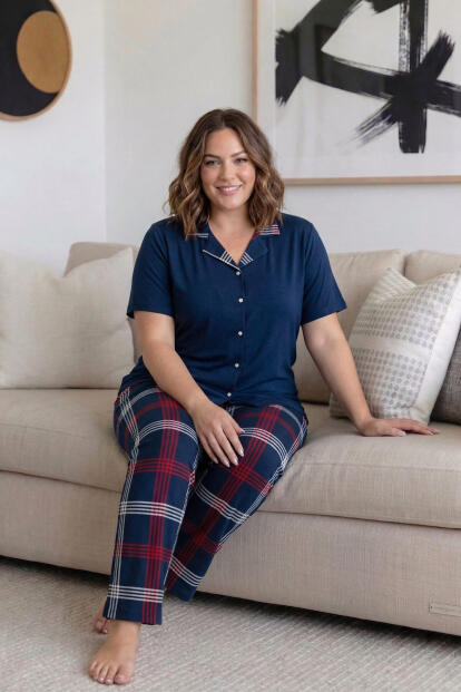Lacivert Ekose Büyük Beden Kısa Kollu Önden Düğmeli Bambu Kadın Pijama Takımı - 3