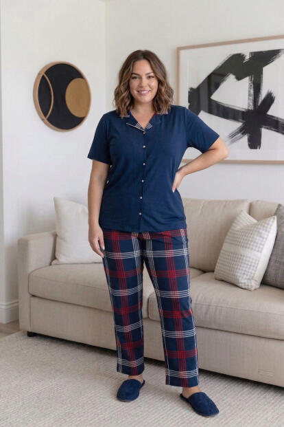 Lacivert Ekose Büyük Beden Kısa Kollu Önden Düğmeli Bambu Kadın Pijama Takımı - 5