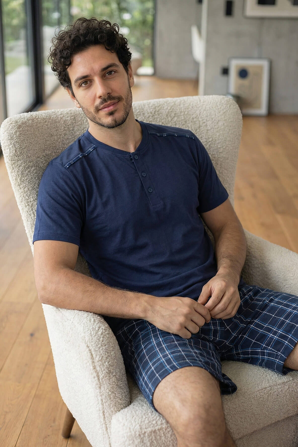 Lacivert Ekose Cep Detaylı Şortlu Kısa Kollu Erkek Pijama Takımı - Pijamaevi (1)