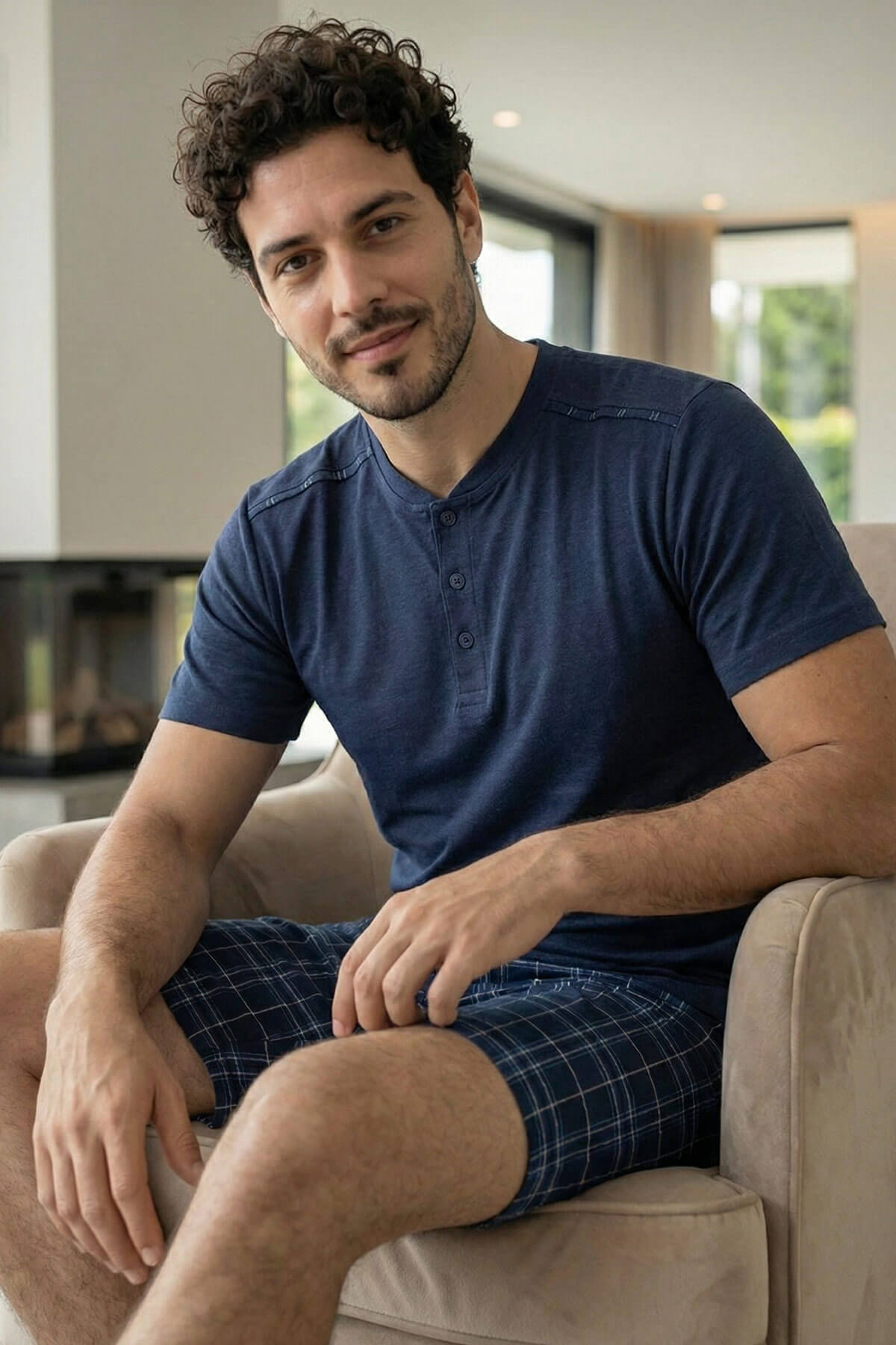 Lacivert Ekose Cep Detaylı Şortlu Kısa Kollu Erkek Pijama Takımı - Pijamaevi