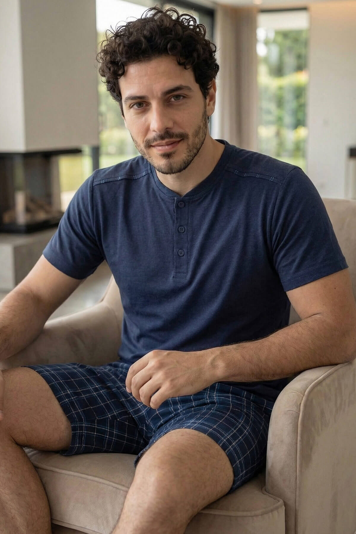 Lacivert Ekose Cep Detaylı Şortlu Kısa Kollu Erkek Pijama Takımı - Pijamaevi (1)