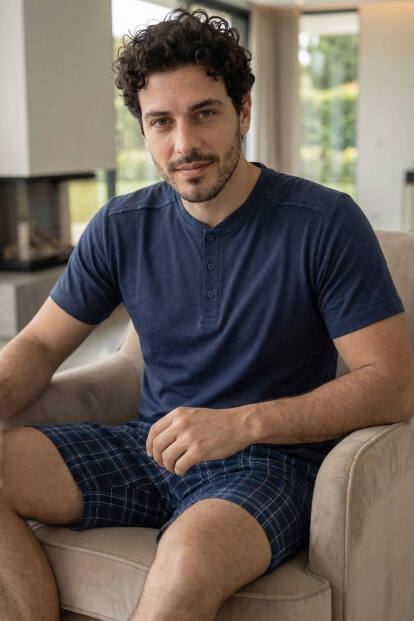 Lacivert Ekose Cep Detaylı Şortlu Kısa Kollu Erkek Pijama Takımı - 2