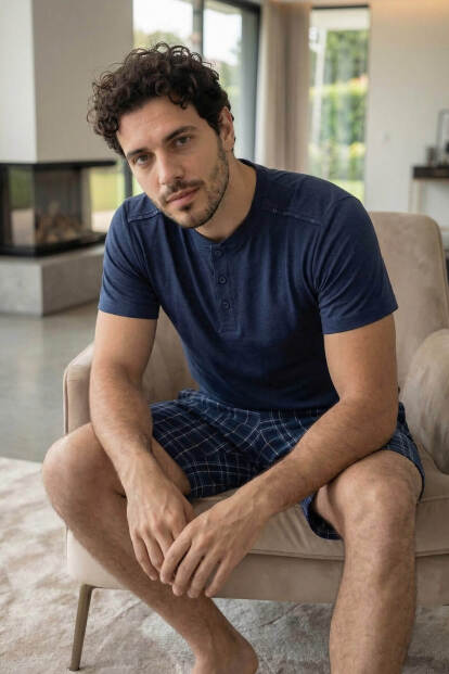 Lacivert Ekose Cep Detaylı Şortlu Kısa Kollu Erkek Pijama Takımı - 3