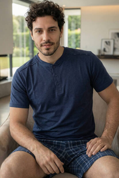 Lacivert Ekose Cep Detaylı Şortlu Kısa Kollu Erkek Pijama Takımı - 5