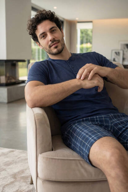 Lacivert Ekose Cep Detaylı Şortlu Kısa Kollu Erkek Pijama Takımı - 6