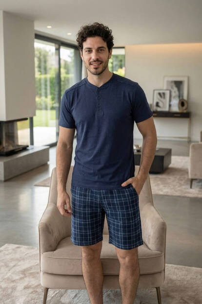 Lacivert Ekose Cep Detaylı Şortlu Kısa Kollu Erkek Pijama Takımı - 7