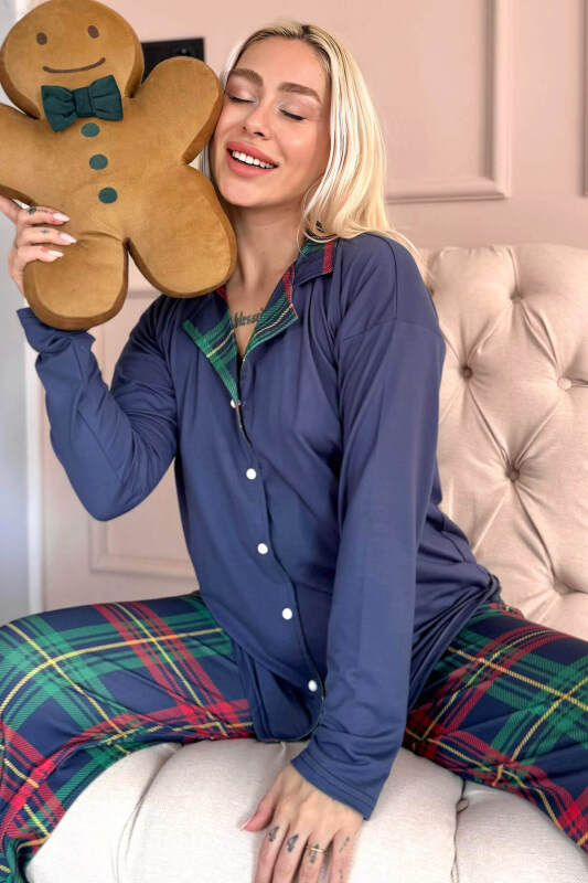 Lacivert Ekose Desenli Bambu Önden Düğmeli Uzun Kol Kadın Pijama Takımı - Pijamaevi
