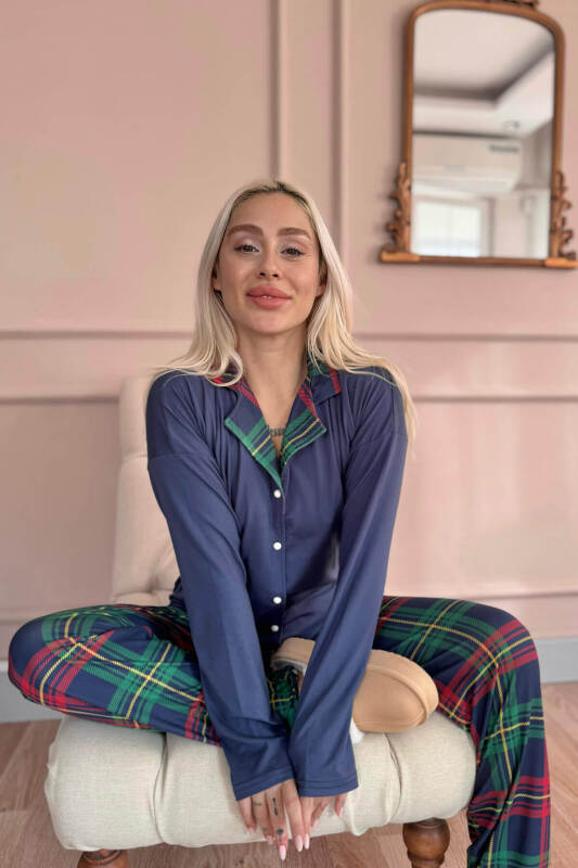 Lacivert Ekose Desenli Bambu Önden Düğmeli Uzun Kol Kadın Pijama Takımı - Pijamaevi (2)