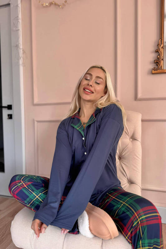 Lacivert Ekose Desenli Bambu Önden Düğmeli Uzun Kol Kadın Pijama Takımı - Pijamaevi (3)