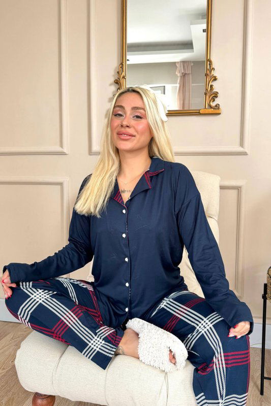 Lacivert Ekose Desenli Bambu Önden Düğmeli Uzun Kol Kadın Pijama Takımı - Pijamaevi (1)