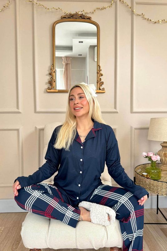 Lacivert Ekose Desenli Bambu Önden Düğmeli Uzun Kol Kadın Pijama Takımı - Pijamaevi (3)