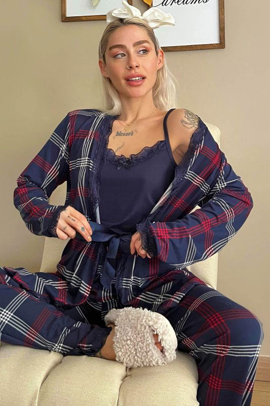 Lacivert Ekose Desenli Bambu Sabahlıklı Kadın Pijama Takımı - Pijamaevi