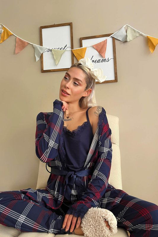 Lacivert Ekose Desenli Bambu Sabahlıklı Kadın Pijama Takımı - Pijamaevi (1)