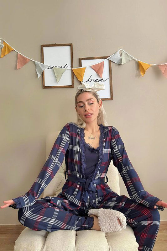 Lacivert Ekose Desenli Bambu Sabahlıklı Kadın Pijama Takımı - Pijamaevi (3)