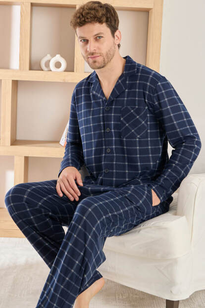 Lacivert Ekose Desenli Önden Düğmeli Elegant Erkek Pijama Takımı 