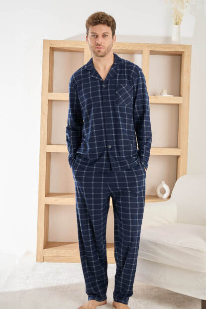Lacivert Ekose Desenli Önden Düğmeli Elegant Erkek Pijama Takımı - 2