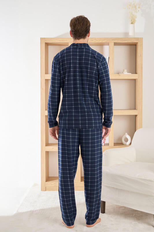 Lacivert Ekose Desenli Önden Düğmeli Elegant Erkek Pijama Takımı - Pijamaevi (2)