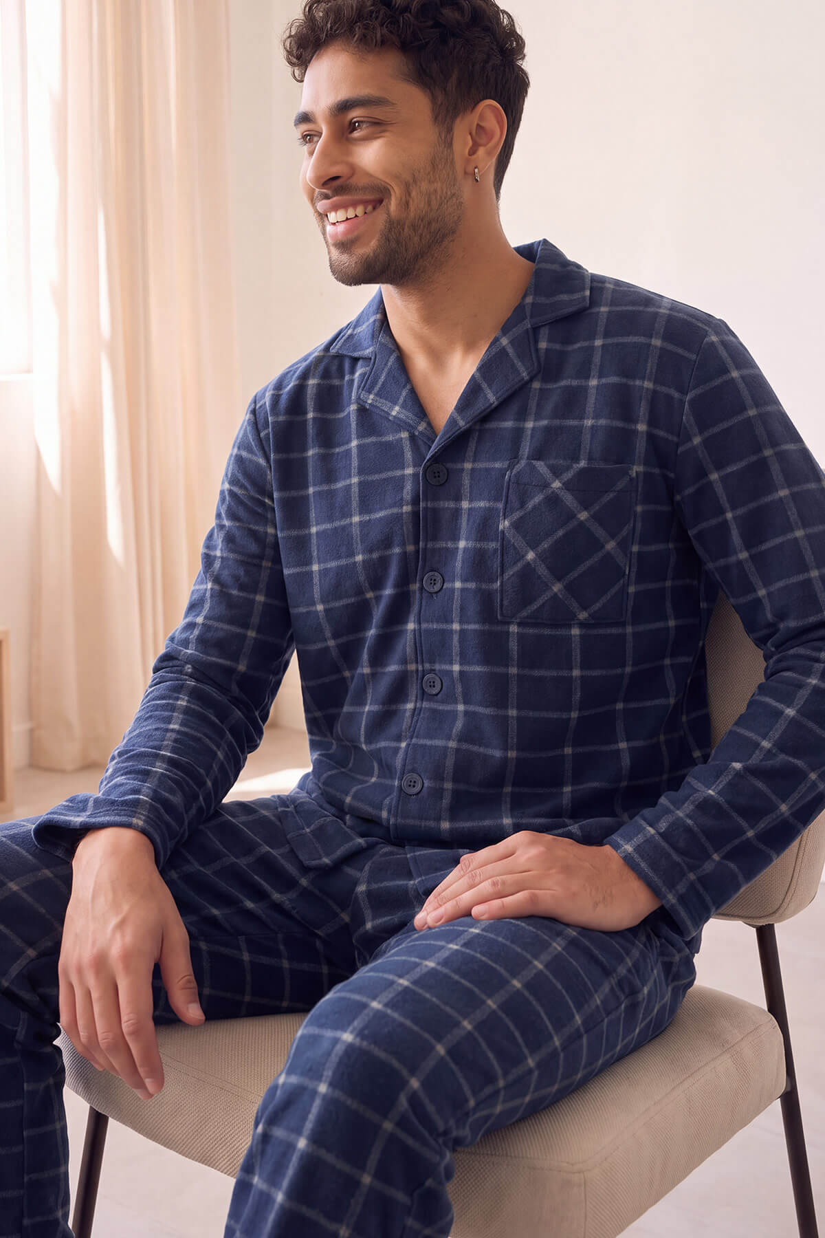 Lacivert Ekose Desenli Önden Düğmeli Elegant Erkek Pijama Takımı - Pijamaevi