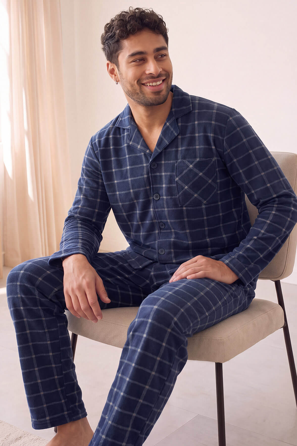 Lacivert Ekose Desenli Önden Düğmeli Elegant Erkek Pijama Takımı - Pijamaevi (1)