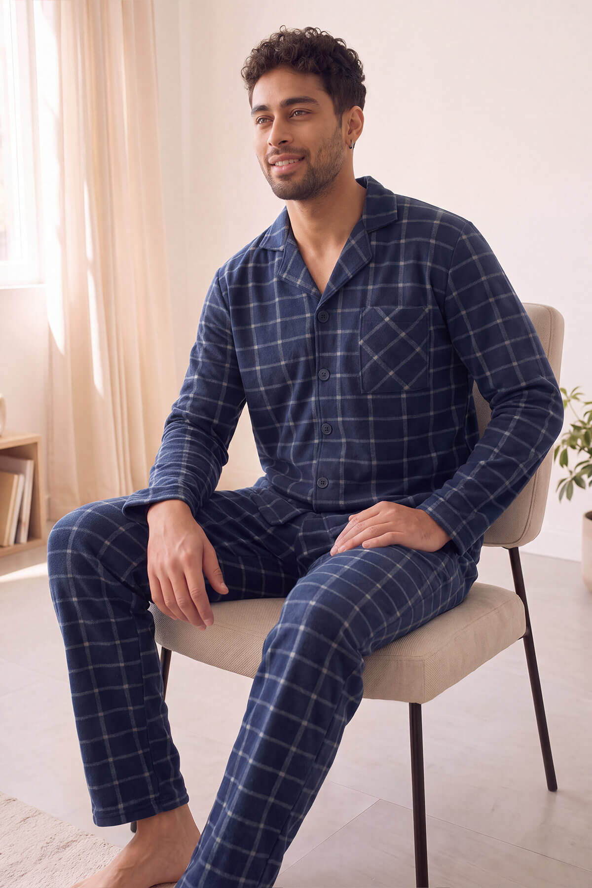 Lacivert Ekose Desenli Önden Düğmeli Elegant Erkek Pijama Takımı - Pijamaevi (2)